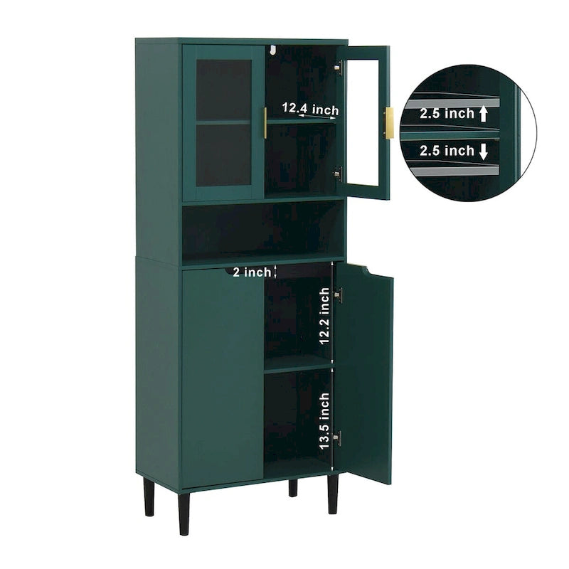 Meuble de rangement haut avec 2 portes vitrées et 2 portes, buffet de cuisine avec poignées dorées, meuble autoportant
