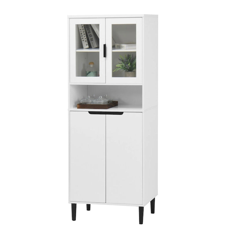 Meuble de rangement haut avec 2 portes vitrées et 2 portes, buffet de cuisine avec poignées dorées, meuble autoportant