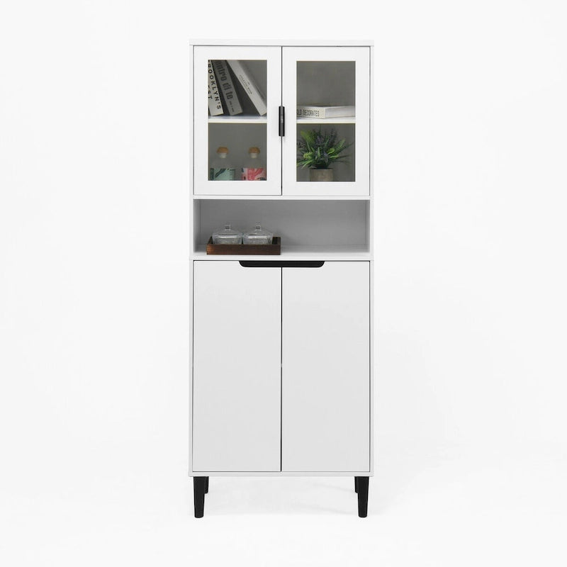 Meuble de rangement haut avec 2 portes vitrées et 2 portes, buffet de cuisine avec poignées dorées, meuble autoportant