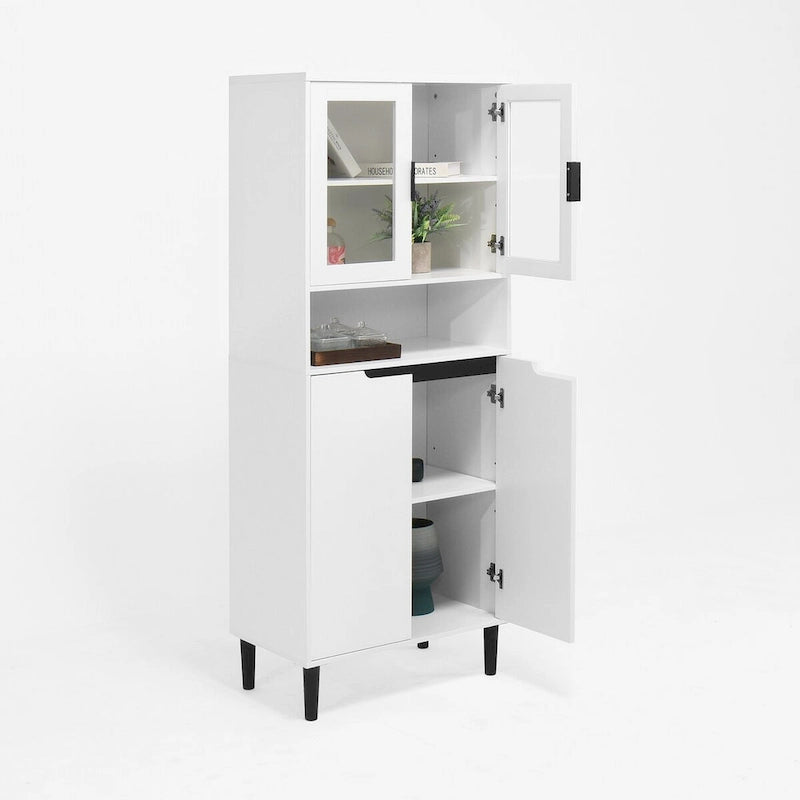 Meuble de rangement haut avec 2 portes vitrées et 2 portes, buffet de cuisine avec poignées dorées, meuble autoportant