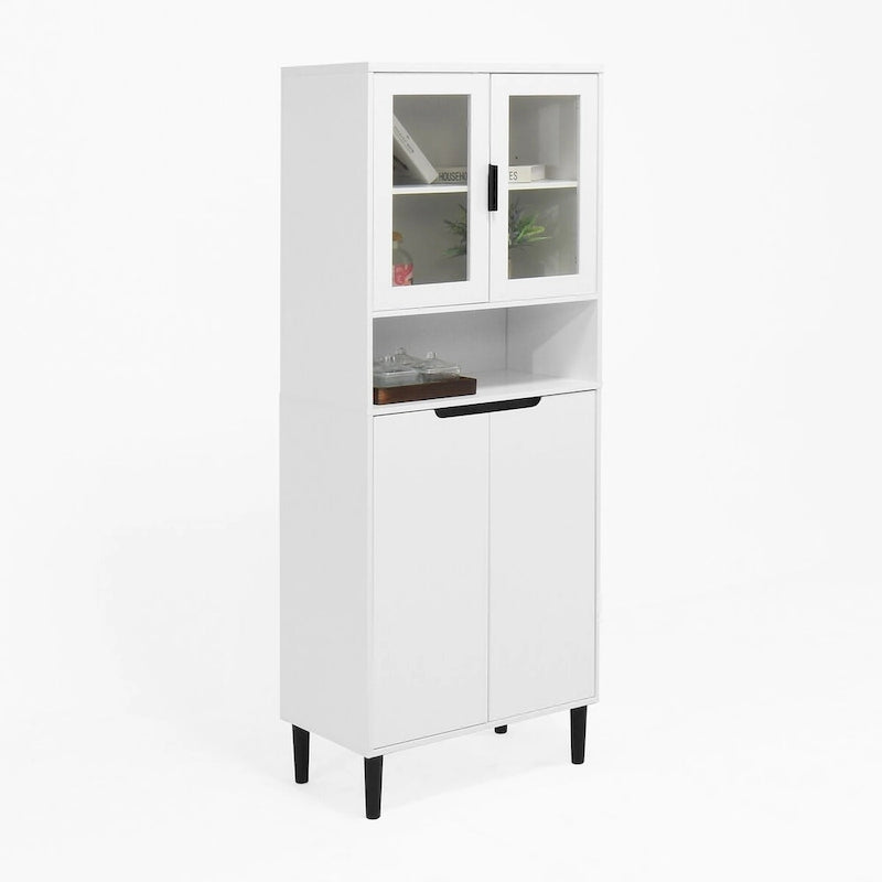 Meuble de rangement haut avec 2 portes vitrées et 2 portes, buffet de cuisine avec poignées dorées, meuble autoportant