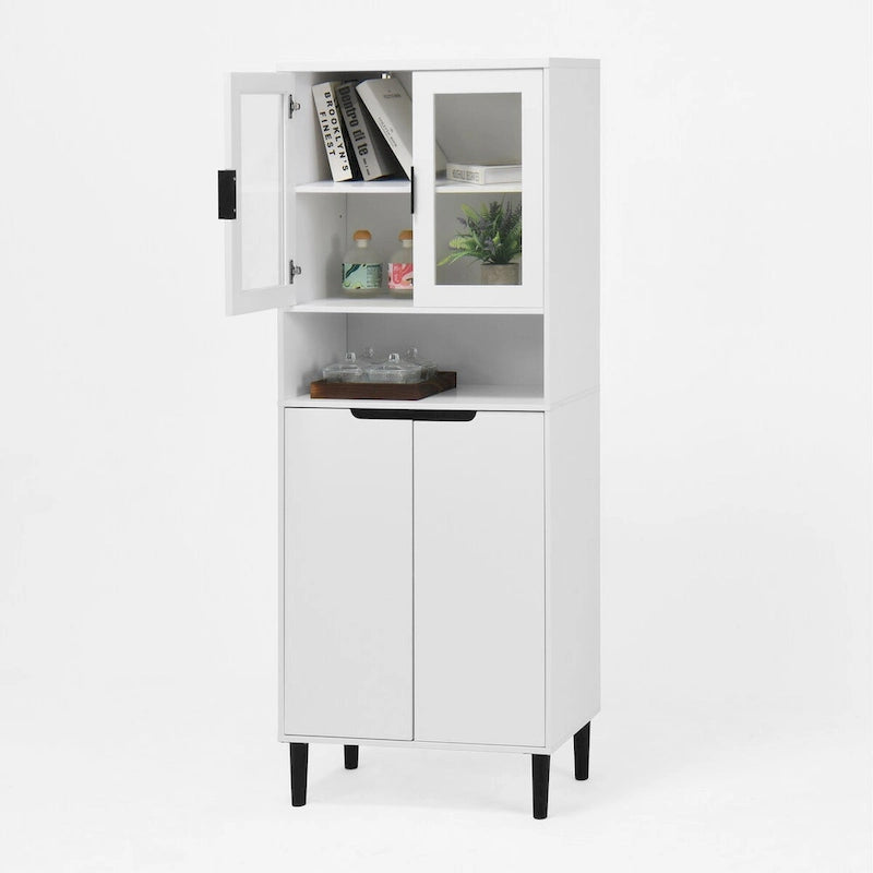 Meuble de rangement haut avec 2 portes vitrées et 2 portes, buffet de cuisine avec poignées dorées, meuble autoportant