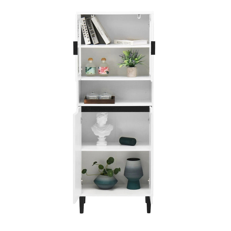 Meuble de rangement haut avec 2 portes vitrées et 2 portes, buffet de cuisine avec poignées dorées, meuble autoportant