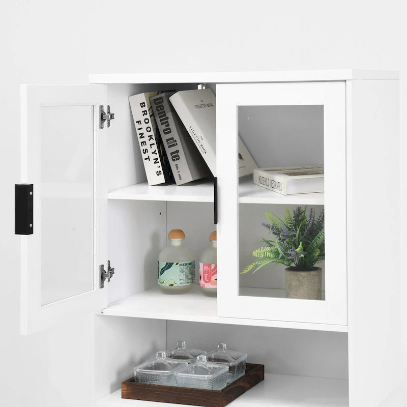 Meuble de rangement haut avec 2 portes vitrées et 2 portes, buffet de cuisine avec poignées dorées, meuble autoportant
