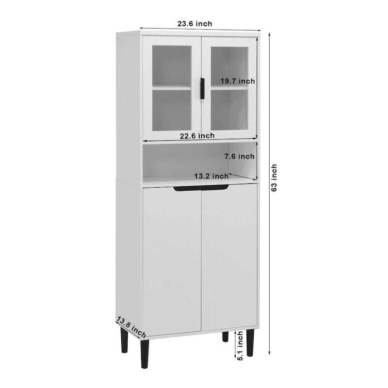 Meuble de rangement haut avec 2 portes vitrées et 2 portes, buffet de cuisine avec poignées dorées, meuble autoportant