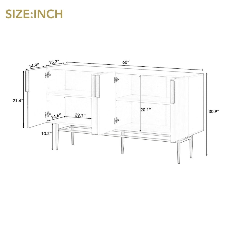 Buffet moderne élégant à 4 portes avec poignées en métal doré pour salle à manger, salon, chambre, couloir