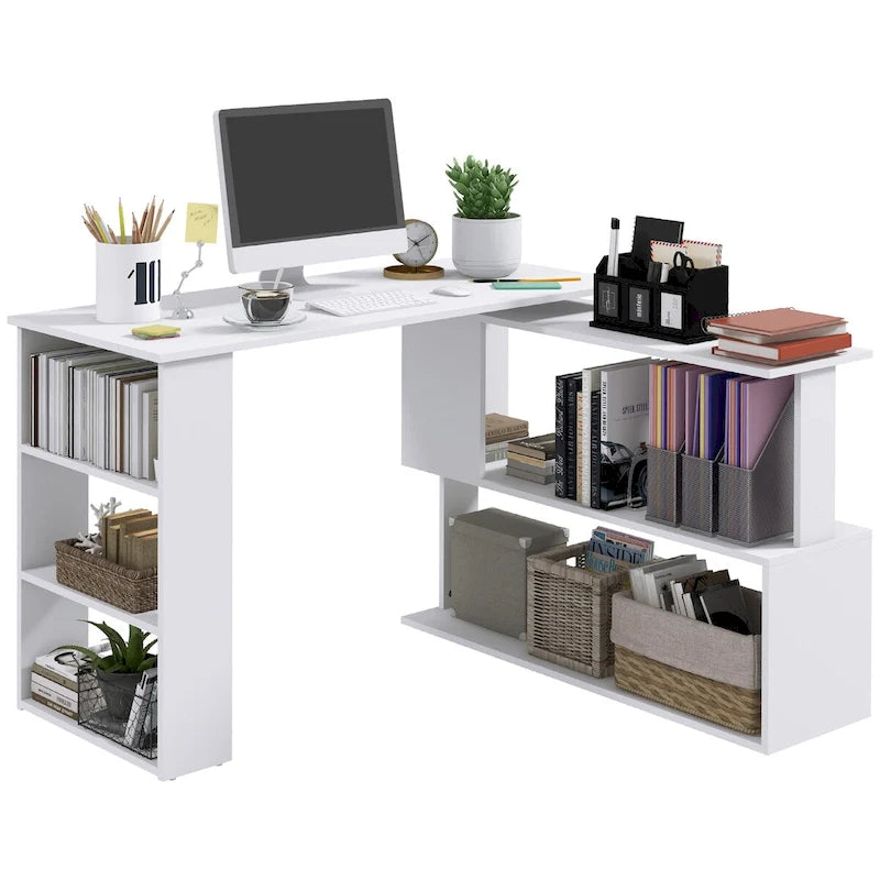 Bureau d'angle en L, bureau d'ordinateur rotatif à 360 degrés avec étagères de rangement, poste de travail avec table d'écriture