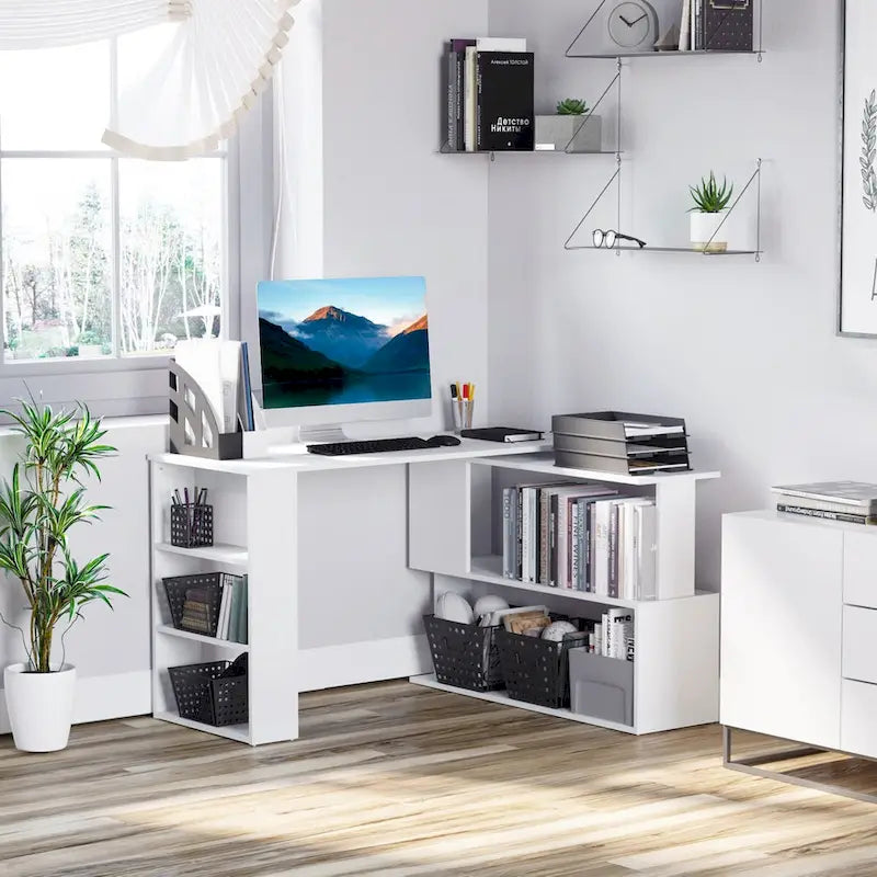 Bureau d'angle en L, bureau d'ordinateur rotatif à 360 degrés avec étagères de rangement, poste de travail avec table d'écriture