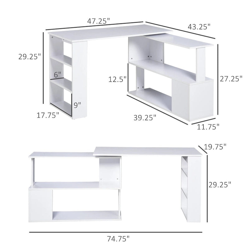 Bureau d'angle en L, bureau d'ordinateur rotatif à 360 degrés avec étagères de rangement, poste de travail avec table d'écriture