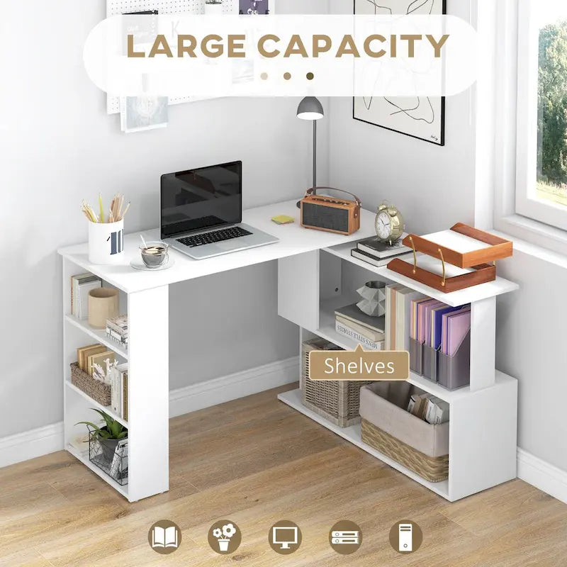 Bureau d'angle en L, bureau d'ordinateur rotatif à 360 degrés avec étagères de rangement, poste de travail avec table d'écriture