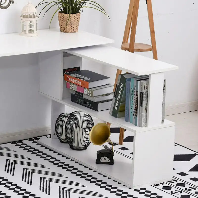 Bureau d'angle en L, bureau d'ordinateur rotatif à 360 degrés avec étagères de rangement, poste de travail avec table d'écriture