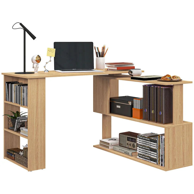 Bureau d'angle en L, bureau d'ordinateur rotatif à 360 degrés avec étagères de rangement, poste de travail avec table d'écriture