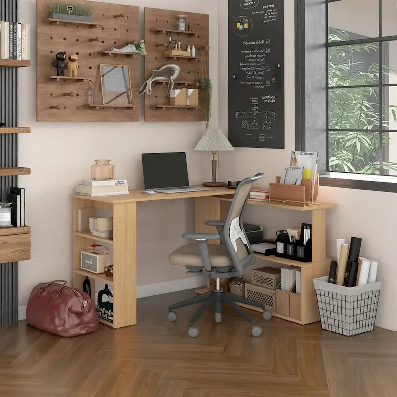 Bureau d'angle en L, bureau d'ordinateur rotatif à 360 degrés avec étagères de rangement, poste de travail avec table d'écriture