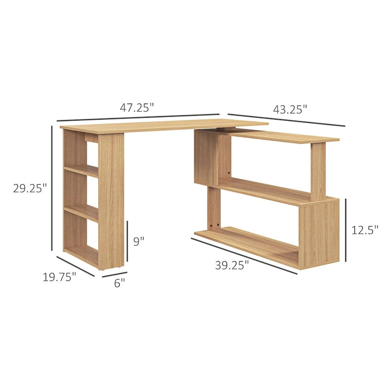 Bureau d'angle en L, bureau d'ordinateur rotatif à 360 degrés avec étagères de rangement, poste de travail avec table d'écriture