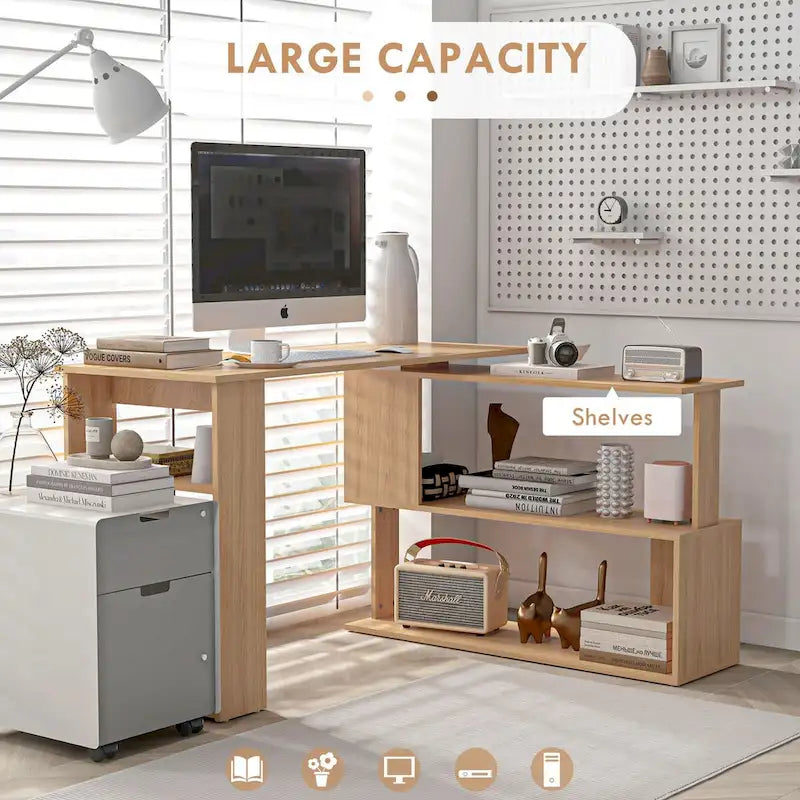Bureau d'angle en L, bureau d'ordinateur rotatif à 360 degrés avec étagères de rangement, poste de travail avec table d'écriture
