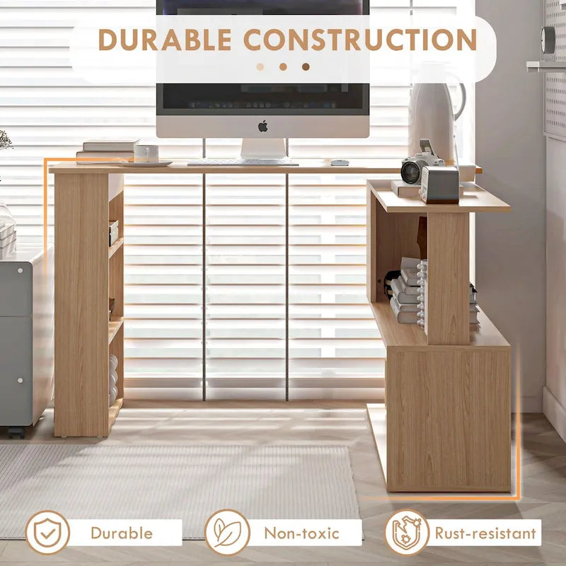 Bureau d'angle en L, bureau d'ordinateur rotatif à 360 degrés avec étagères de rangement, poste de travail avec table d'écriture