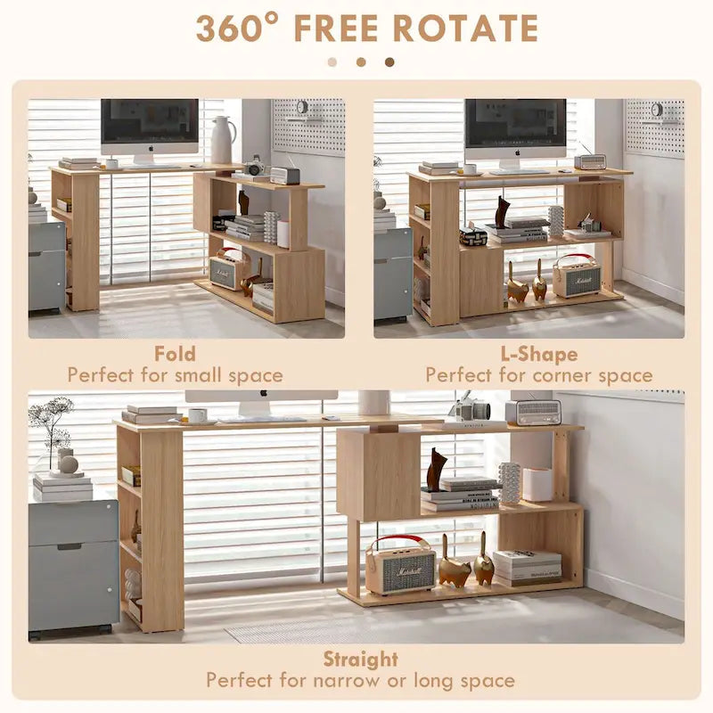 Bureau d'angle en L, bureau d'ordinateur rotatif à 360 degrés avec étagères de rangement, poste de travail avec table d'écriture