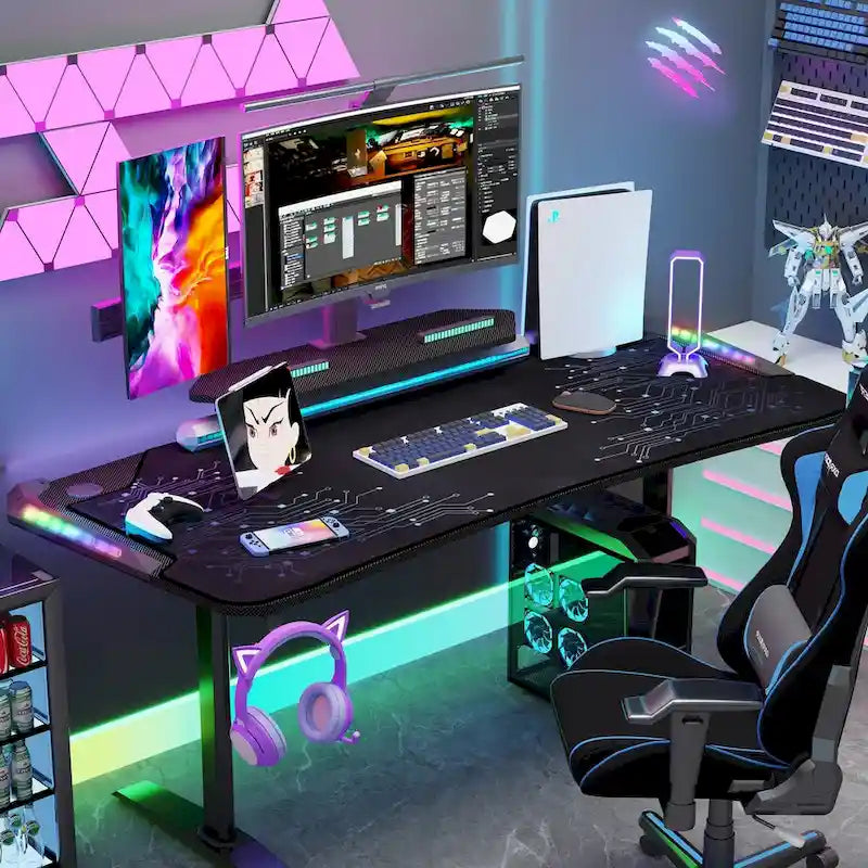 Bureau Gamer 71 pouces avec étagère pour moniteur, éclairage LED et tapis de souris