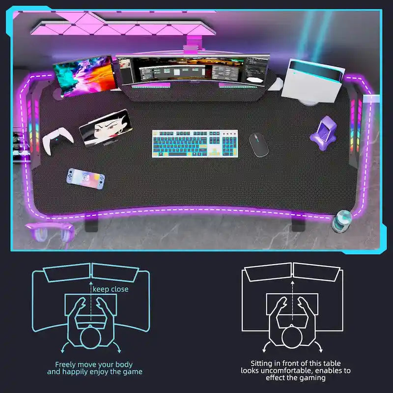 Bureau Gamer 71 pouces avec étagère pour moniteur, éclairage LED et tapis de souris