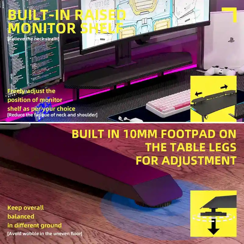 Bureau Gamer 71 pouces avec étagère pour moniteur, éclairage LED et tapis de souris