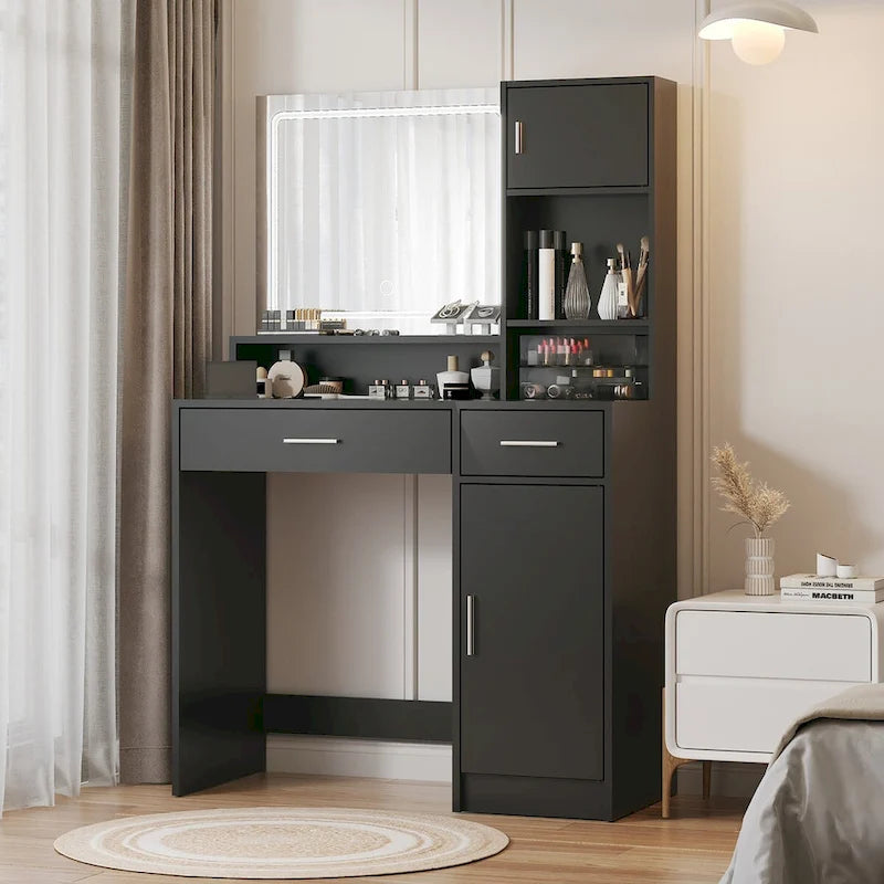 Coiffeuse avec miroir lumineux LED, table de maquillage avec tiroirs et armoire de rangement, coiffeuse avec rangement