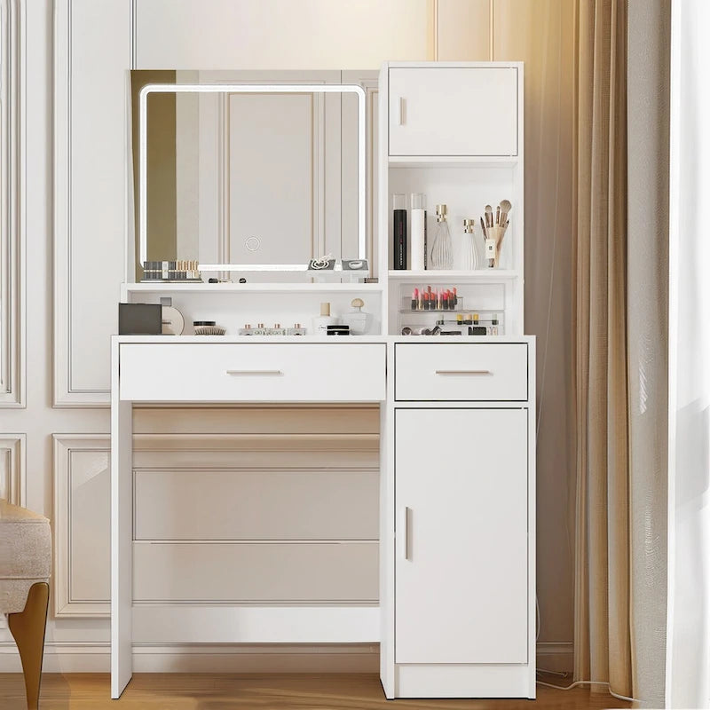 Coiffeuse avec miroir lumineux LED, table de maquillage avec tiroirs et armoire de rangement, coiffeuse avec rangement