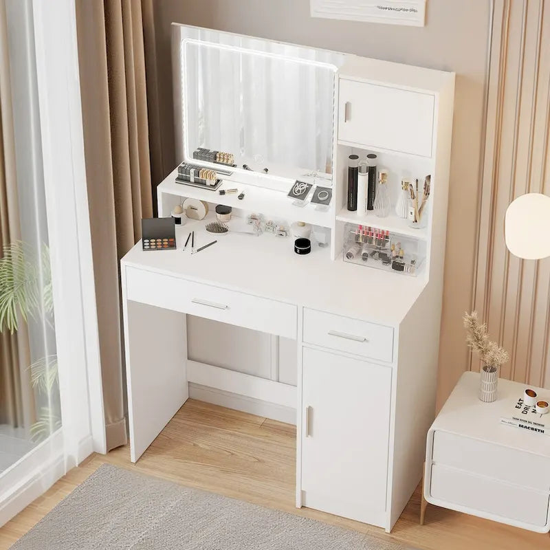 Coiffeuse avec miroir lumineux LED, table de maquillage avec tiroirs et armoire de rangement, coiffeuse avec rangement