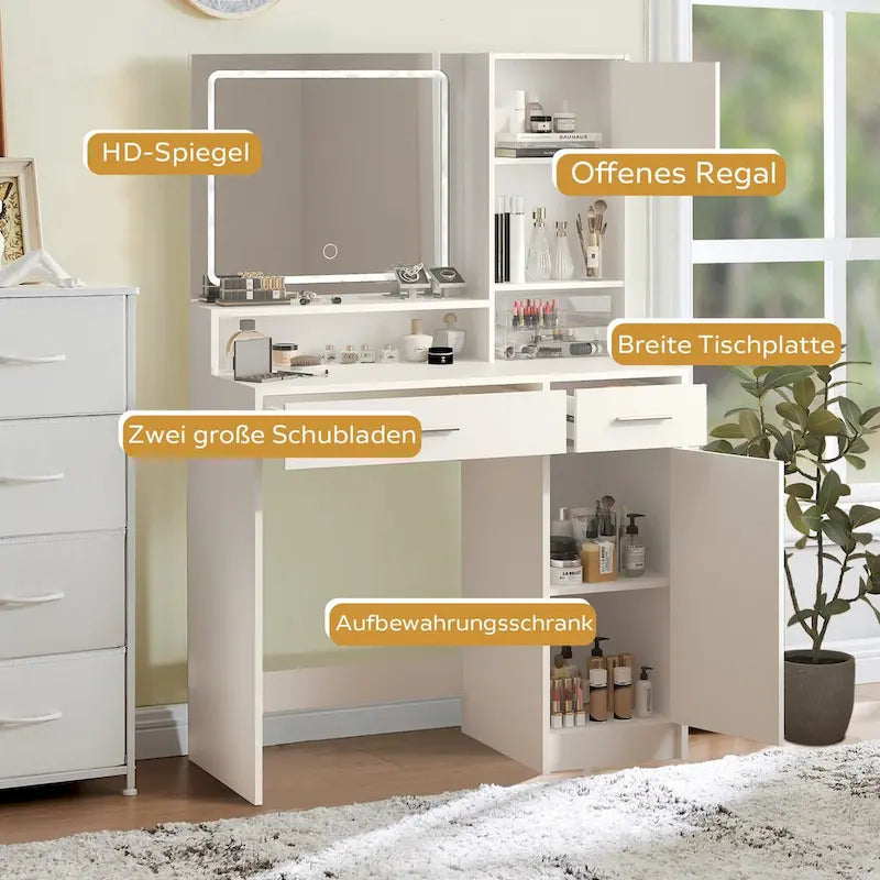 Coiffeuse avec miroir lumineux LED, table de maquillage avec tiroirs et armoire de rangement, coiffeuse avec rangement