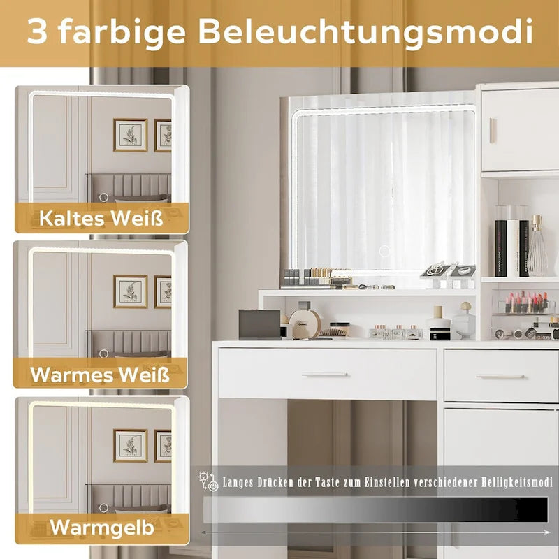 Coiffeuse avec miroir lumineux LED, table de maquillage avec tiroirs et armoire de rangement, coiffeuse avec rangement