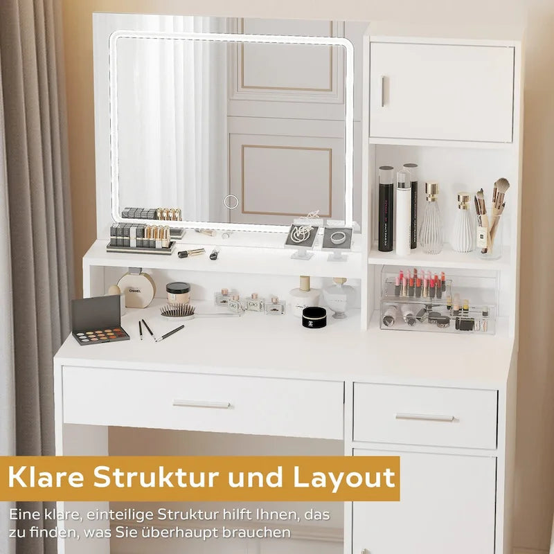 Coiffeuse avec miroir lumineux LED, table de maquillage avec tiroirs et armoire de rangement, coiffeuse avec rangement