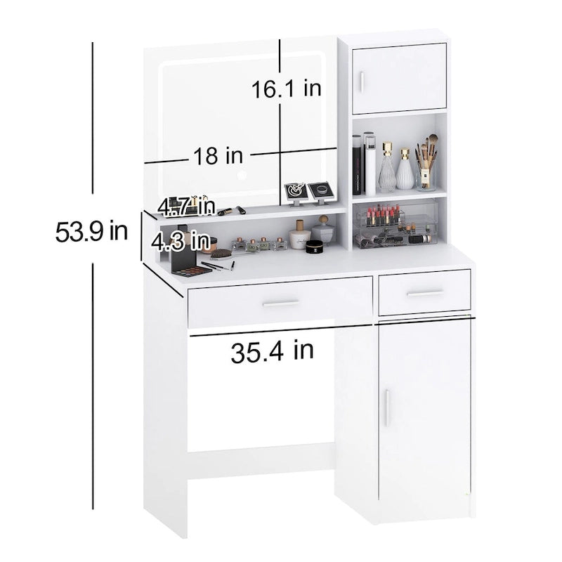 Coiffeuse avec miroir lumineux LED, table de maquillage avec tiroirs et armoire de rangement, coiffeuse avec rangement