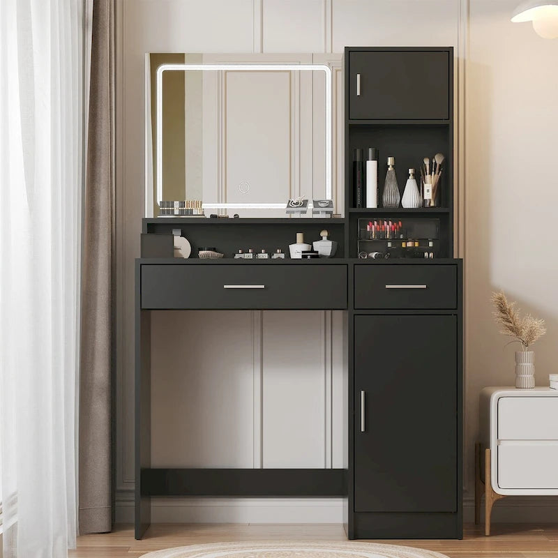 Coiffeuse avec miroir lumineux LED, table de maquillage avec tiroirs et armoire de rangement, coiffeuse avec rangement