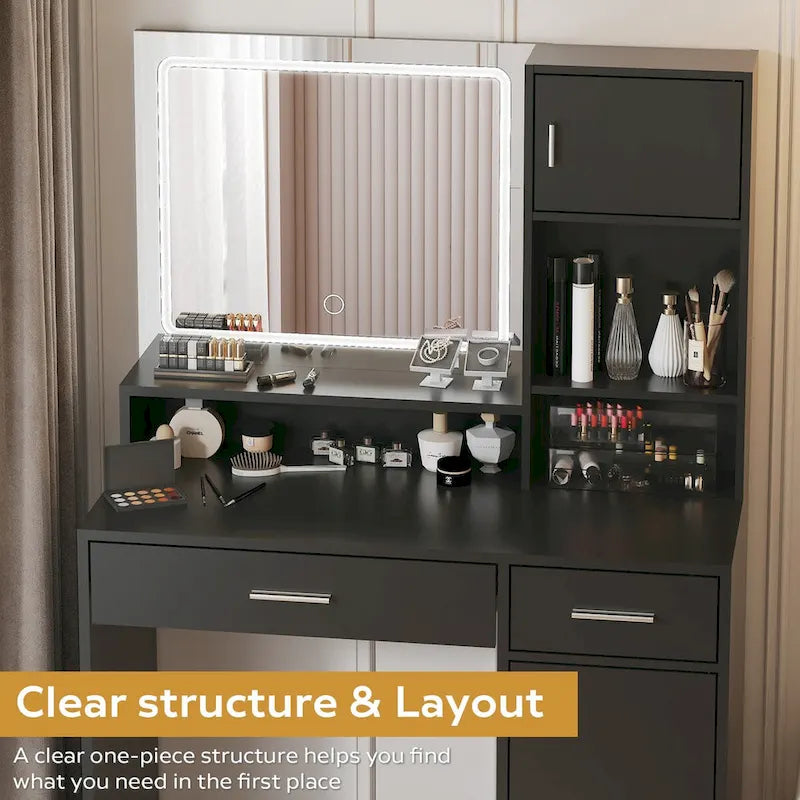 Coiffeuse avec miroir lumineux LED, table de maquillage avec tiroirs et armoire de rangement, coiffeuse avec rangement