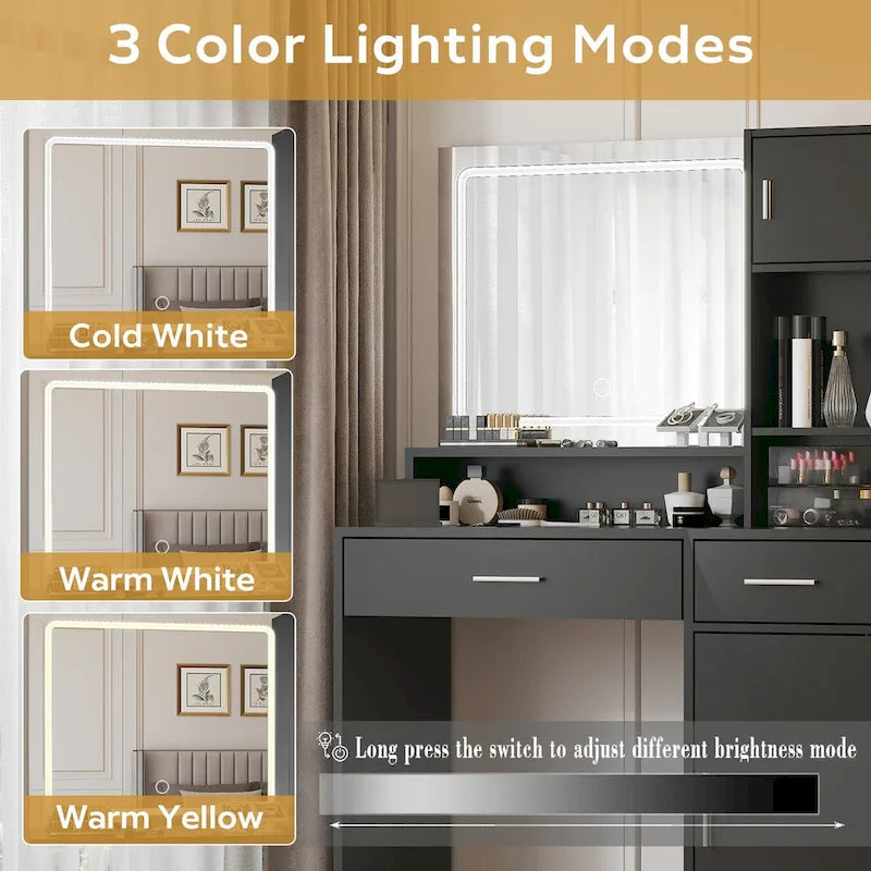 Coiffeuse avec miroir lumineux LED, table de maquillage avec tiroirs et armoire de rangement, coiffeuse avec rangement