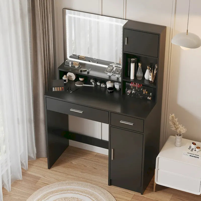 Coiffeuse avec miroir lumineux LED, table de maquillage avec tiroirs et armoire de rangement, coiffeuse avec rangement