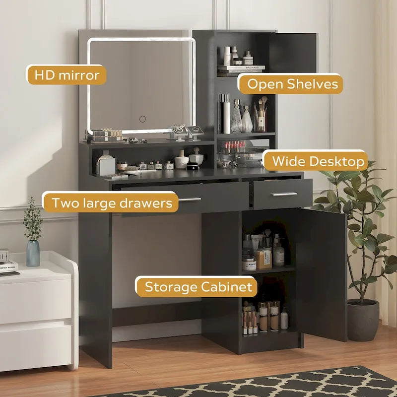 Coiffeuse avec miroir lumineux LED, table de maquillage avec tiroirs et armoire de rangement, coiffeuse avec rangement