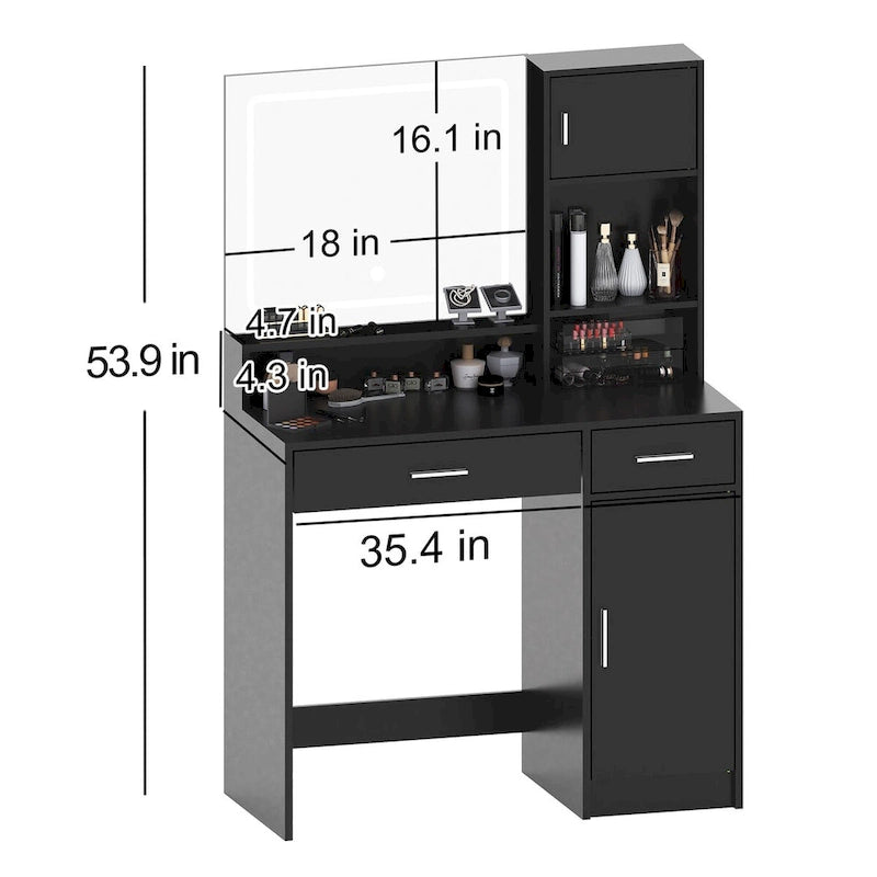 Coiffeuse avec miroir lumineux LED, table de maquillage avec tiroirs et armoire de rangement, coiffeuse avec rangement